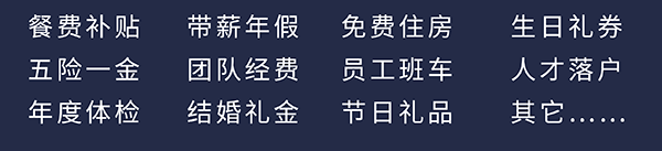 欧博ABG员工福利：餐费津贴、五险一金、年度体检、带薪年假、团队经费、完婚礼金、免费住房、员工班车、节日礼物、生日礼券、人才落户、其它……